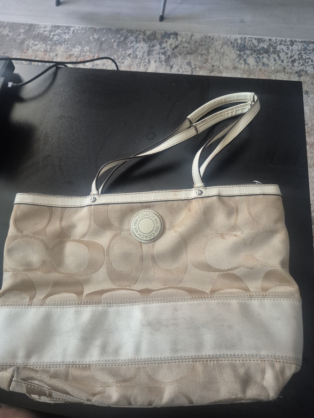Coach F19046 Signature Stripe Tote Khaki White Patent Trim Y2K Style